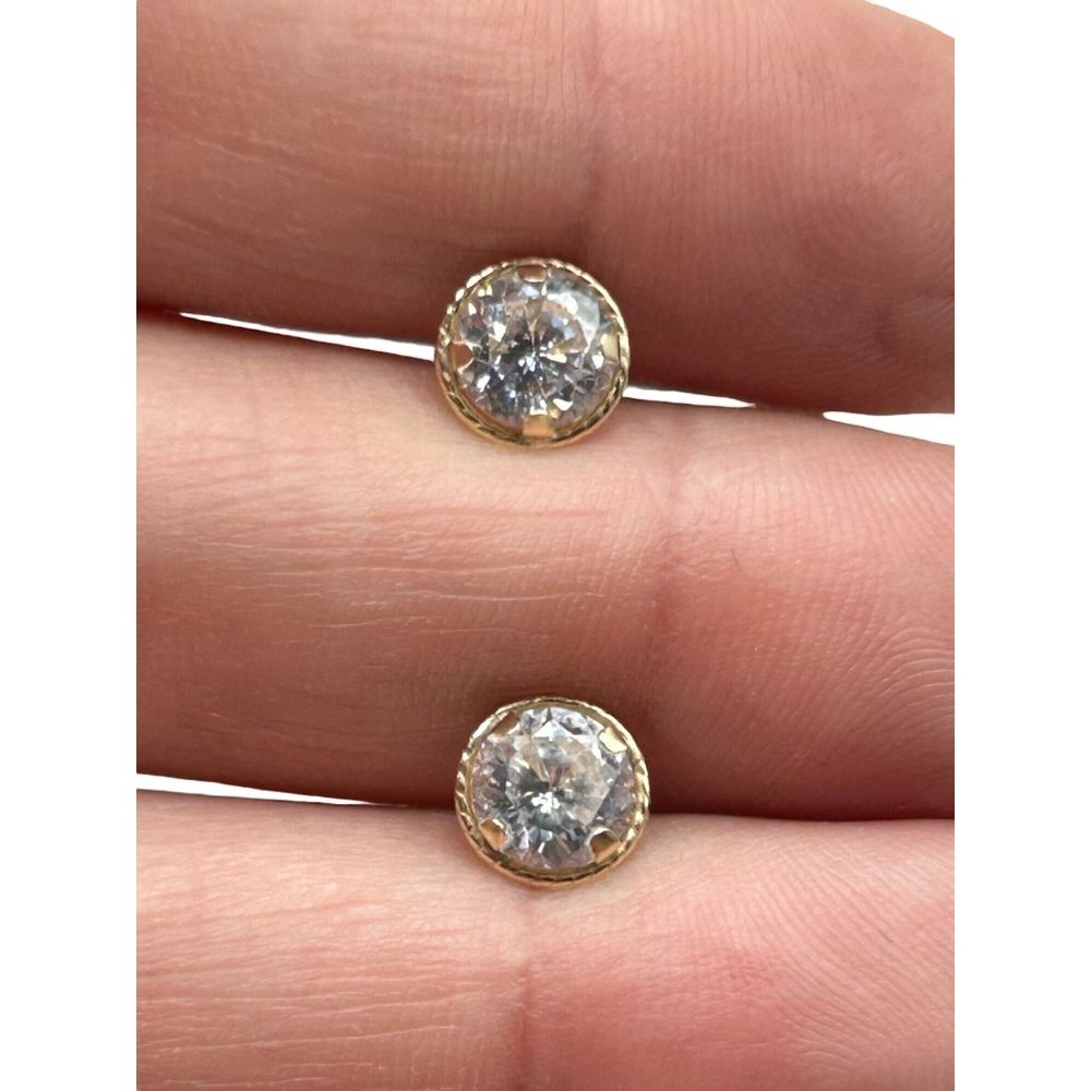 14K Gold and Clear CZ Studs Earrings Round Pierced Small Earrings Yellow Gold